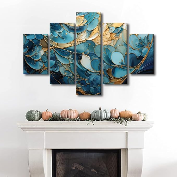 Canvas Wall Art Decor for Home Modern Abstract Canvas Wall Art Blue and Gold Abstract Marble Poster Prints on Canvas 5 Panel Living Room Decoration Artwork Stretched Ready to Hang 60x40 in