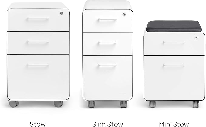 Poppin White + Gray Slim Stow 3-Drawer Rolling File Cabinet, One Lock Secures All Drawers, Durable Powder-Coated Steel Construction, Stay Organized and Keep Documents Safe, 12.5" x 20" x 25"