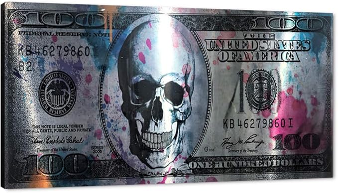 Vintage Artwork for Home Walls Large 100 Dollar Skull Wall Art Black & White Kitchen Pictures Modern Home Decor HD Print Inspirational Framed Art for Bathroom Rest Room Bar Office Wall Decor-40"Wx20"H