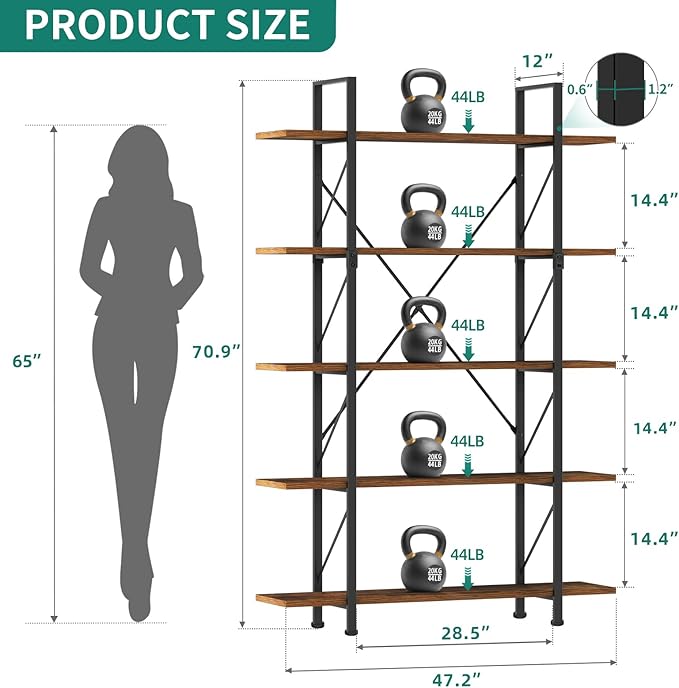YITAHOME 5 Tier Bookshelf, Large Bookcase Industrial Book Shelf Storage Organizer, Free Standing Storage Shelving Unit for Living Room, Bedroom,Home Office, Rustic Brown