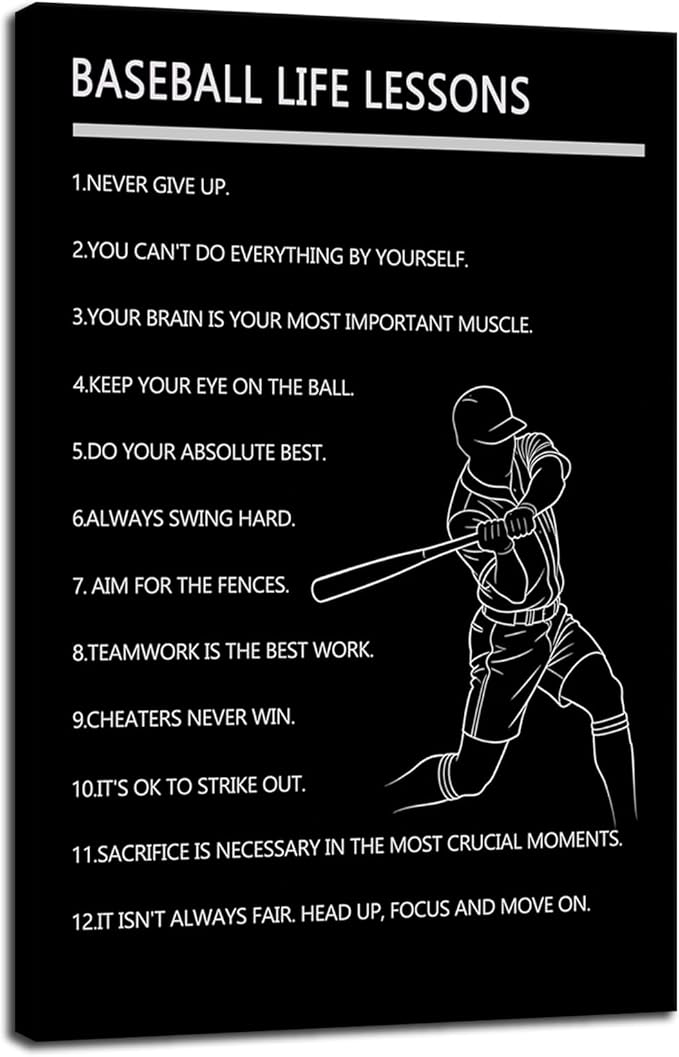 Baseball Life Lessons Wall Art Motivational Baseball Player Poster for Boys Bedroom Inspirational Sports Quotes Canvas Print for Home Gym Locker Room Office Decor Framed Ready to Hang [12" W X 18" H]
