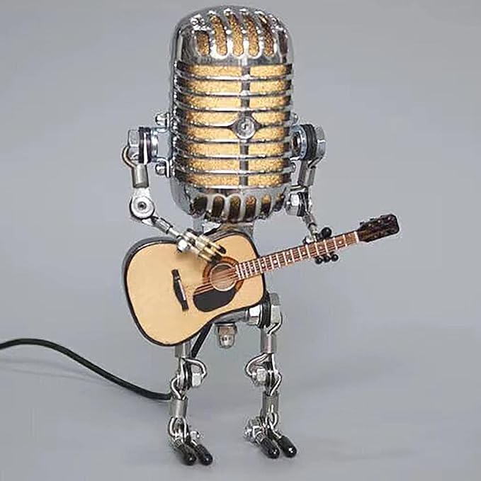 Vintage Microphone Guitar Lamp, Cool Guitar Gifts for Music Lovers and Player, USB Plug in Powered, Retro Decorations for Home, Bar, Office