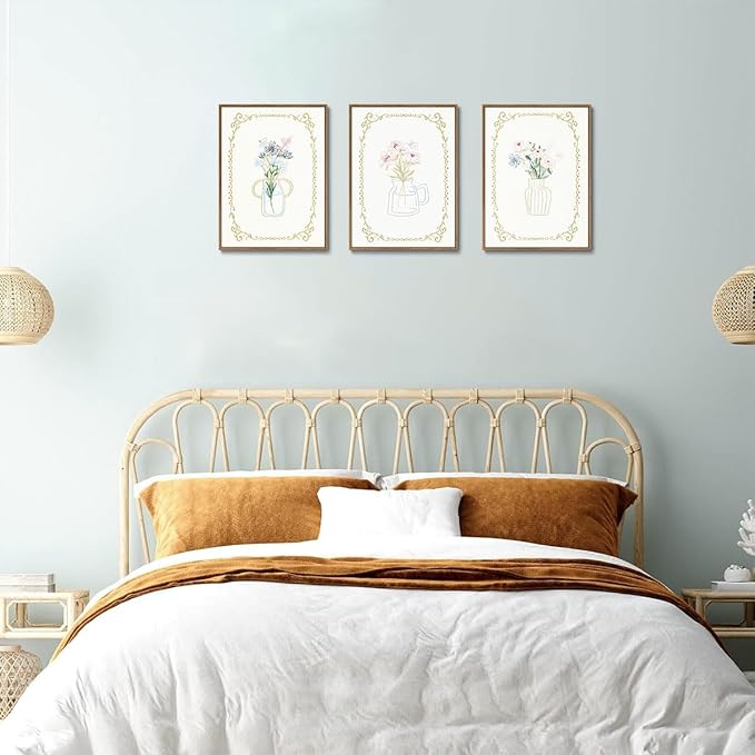 KISSFOX 3 Piece Floral Framed Wall Art Flower Pictures Wall Decor Wildflowers Canvas Wall Art Green Boho Botanical Paintings poster prints for Girly Bedroom Living Room Bathroom