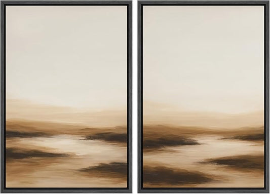 SIGNWIN Framed Canvas Print Wall Art Set Warm Brown Abstract Horizon Neutral Minimalist Landscape Illustrations Modern Art Decorative Multicolor for Living Room, Bedroom, Office - 24"x36"x2 Black