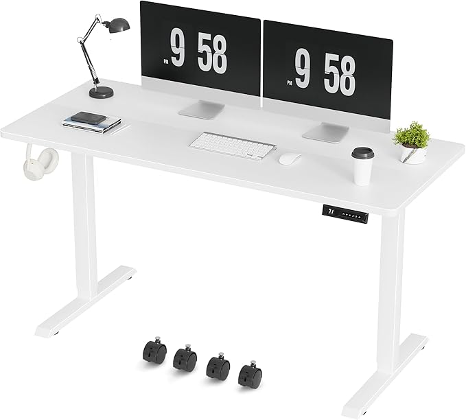 Furmax Electric Standing Desk, 55 x 24 Inches Height Adjustable Desk with Removable Casters, Home Office Computer Desk (White)