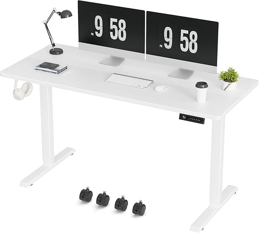 Furmax Electric Standing Desk, 55 x 24 Inches Height Adjustable Desk with Removable Casters, Home Office Computer Desk (White)