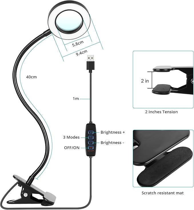 5X Magnifying Glass Desk Clip Lamp, 10 Brightness, 3 Color Modes, 5V/2A Adapter Included – Clamp Light for Reading, Crafting, Close Work (Black)