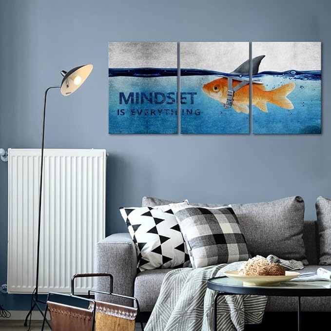 Motivational Posters Mindset is Everything Wall Art Goldfish Pictures Big Shark Inspirational Canvas Painting Inspiring Entrepreneur Quotes Print Artwork Home Decor for Office Teens Framed (36"Wx16"H)