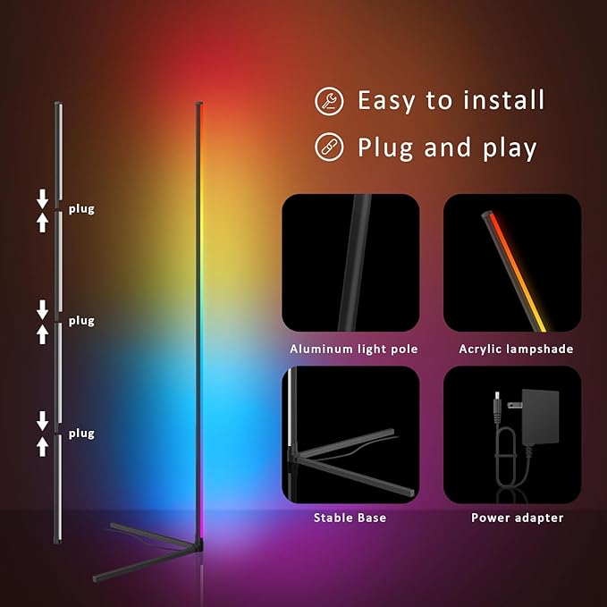 LED Corner Floor Lamp, Corner Lamp - 16 Million DIY Colors, 68+ Scenes, App & Remote Control, Smart RGBICW Corner Light with Music Sync & Timer Setting, LED Lamp for Bedroom, Living Room, Gaming Room