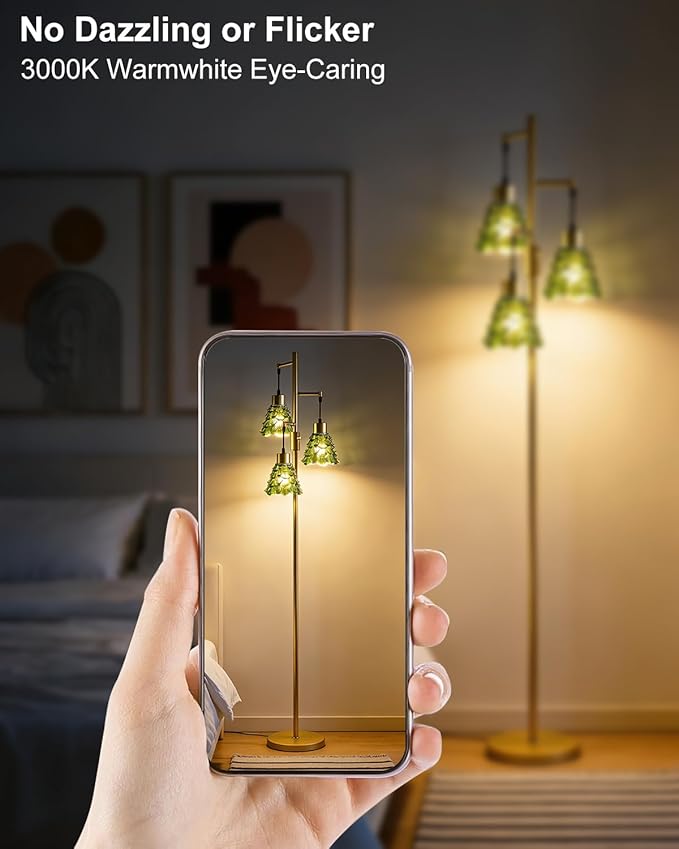 Lightdot 65" Glass Floor Lamps for Living Room, 3-Light Dimmable Floor Lamp with Green Glass Shade& E12 Bulbs Included, Mid Century Standing Tall Lamp for Bedroom/Sofa Beside/Corner Decor-Gold