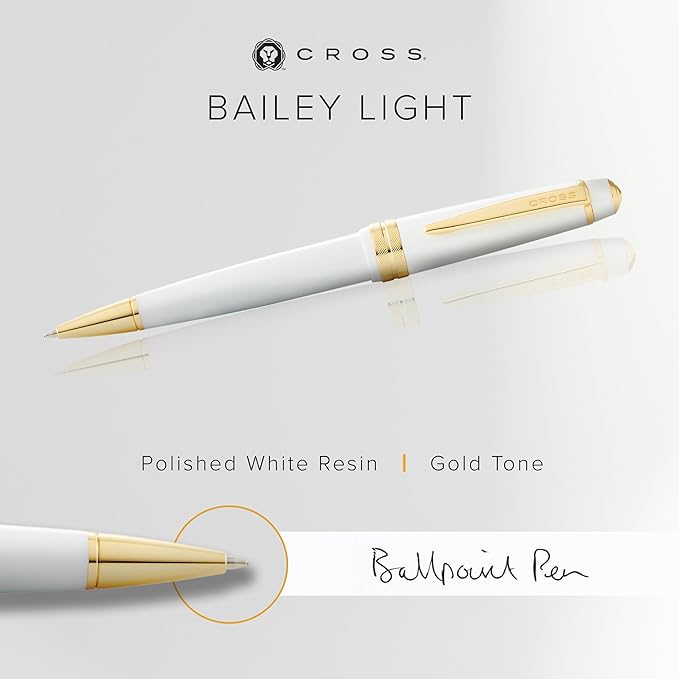 Cross Bailey Light Polished White Resin and Gold Tone Ballpoint Pen - Professional Pen for Effortless Writing - Journaling, Note-Taking & More - Black Ink - Easy Handling - Includes Gift Box