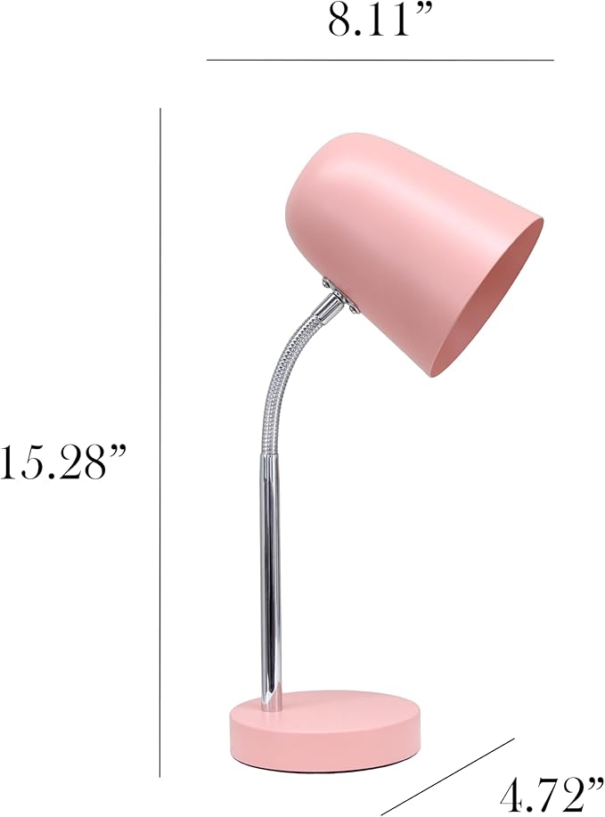 Simple Designs LD1075-BPK 15.28" Sleek Essentials Minimalist Metal Desk Task Lamp, for Office, Desk, Nightstand, Dorm, Pink