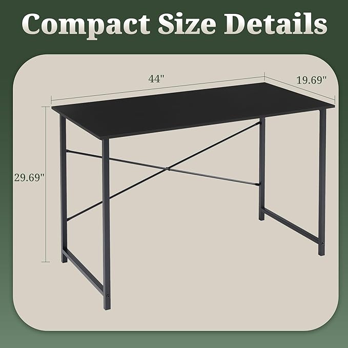 Computer Desk 44 Inch, Home Office Desk Simple Study Writing Table, Sturdy Metal Frame, Scratch-Resistant MDF Desktop for Bedroom Dorm Workspace Small Space, Black