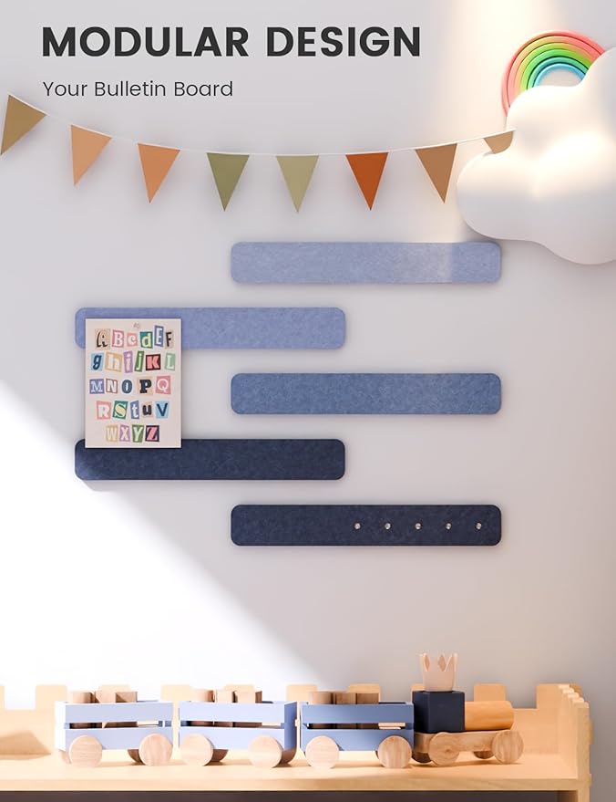Fluxynara Cork Board Alternative Felt Strip Board 5-Pack 13"x2", Office Pin Board with 35 Push Pins, Adhesive Install for Bedroom Door & Home Office(Denim Mist)