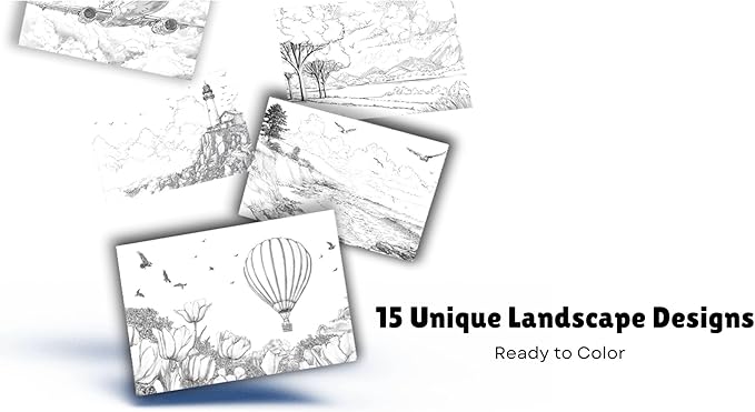 Artwink Watercolor Coloring Cards – Landscape Theme, 15 Sheets (5x7 Inches, 300gsm), Works with Watercolor, Colored Pencils, or Markers, Great for Coloring Book Lovers & Watercolor Painting Practice