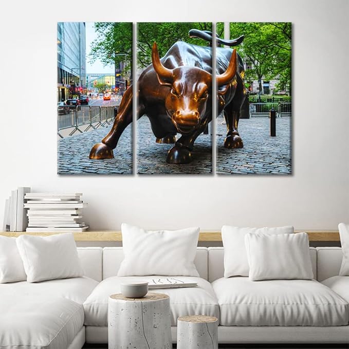TUMOVO Canvas Wall Art 3 Piece Full of Courage and Strength Wall Street Bull Picture Print on Canvas America Landscape Poster Artwork for Living Room Dining Room Bedroom Ready to Hang - 42" Wx28 H