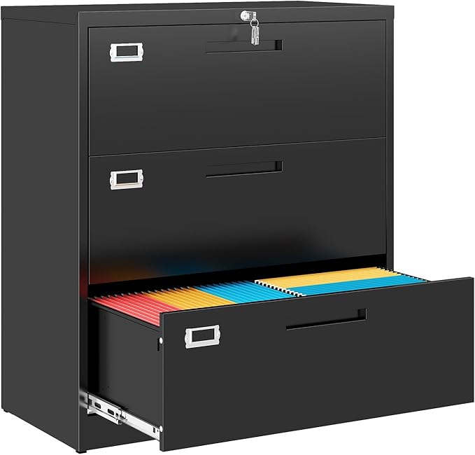 Metal 3 Drawer Lateral File Cabinet with Lock, Wide&Deep Black Filing Cabinet for Letter/Legal/F4/A4 Hanging Files, Includes Business Card Holder, Home Office School Storage