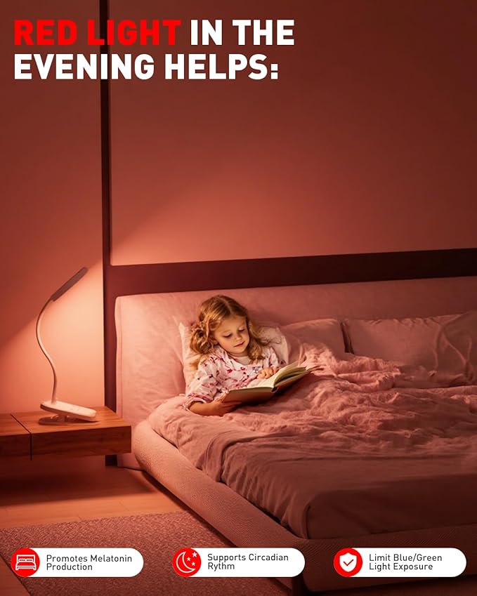long-stars Red Light Reading Lamp for Sleep, Book Light for Bed Reading with 625nm Blue-Free Night Light, 2 Color Mode & Timer, 2000mah Rechargeable Clip on Lamp for Headboard, Desk, Studying