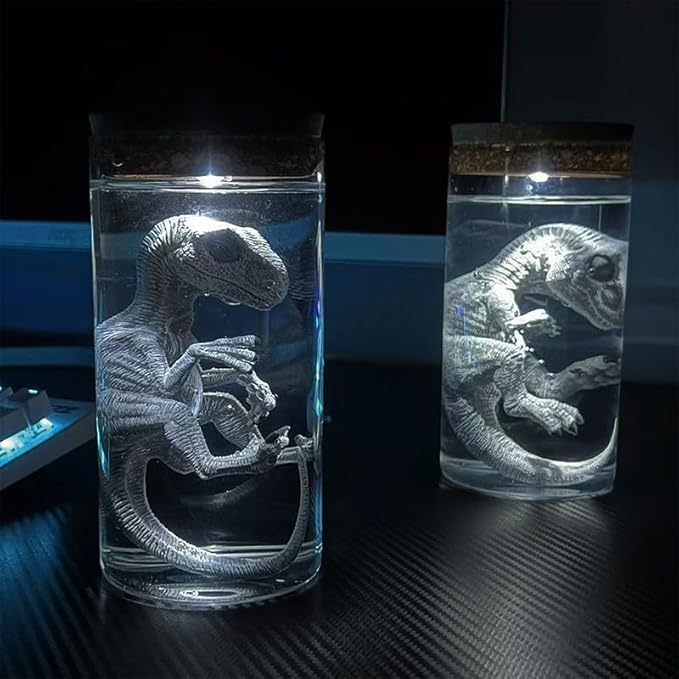 Dinosaur Specimen Jar Night Light, Realistic Raptor Figurine in Glass Bottle, LED Decor for Home/Desk (Velociraptor)