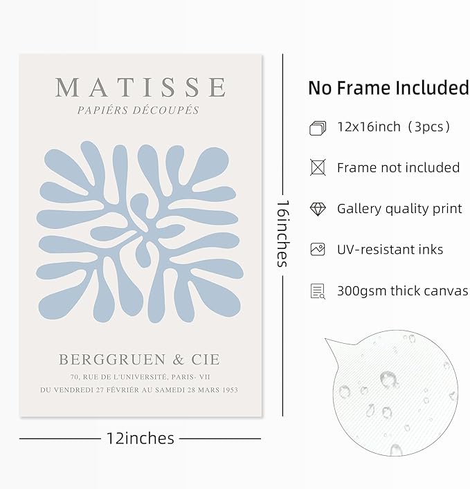 Youillne Henri Matisse Wall Art Prints Abstract Aesthetic Canvas Wall Art Blue Wall Decor Abstract Matisse Poster Minimalist Pictures Flower Market Painting for Bathroom 12x16 Inch Unframed Set of 3