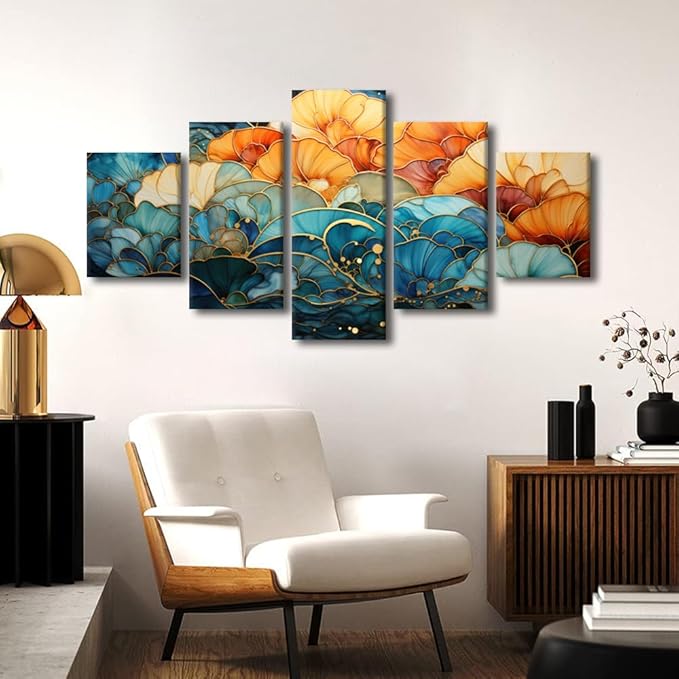 Canvas Wall Art for Lady Modern Abstract Canvas Wall Art Printing Blue and Orange Colors Flowers Poster Prints 5 Panel Abstract Art for Room Wall Decor Stretched and Framed Ready to Hang 60x32 in