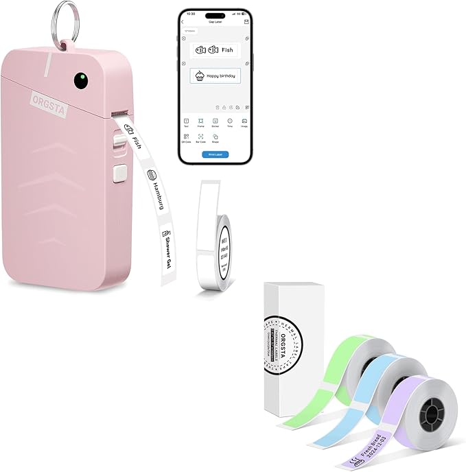ORGSTA S001 Label Maker Machine with Tape, Portable Bluetooth Label Maker for Home and Office Organization, Thermal Label Printer Mini Printer with 3 Roll Label Tapes - Green/Purple/Blue