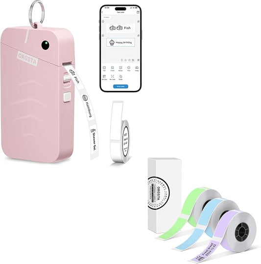 ORGSTA S001 Label Maker Machine with Tape, Portable Bluetooth Label Maker for Home and Office Organization, Thermal Label Printer Mini Printer with 3 Roll Label Tapes - Green/Purple/Blue