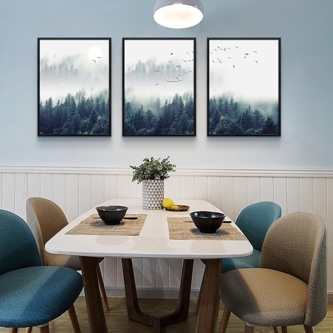 Black Framed Wall Art For Living Room Large Size Wall Decoration For Bedroom Foggy Forest Trees Landscape Painting Office Wall Decor Wall Pictures Artwork 20"X28" Home Decor 3 Piece Framed Art Prints