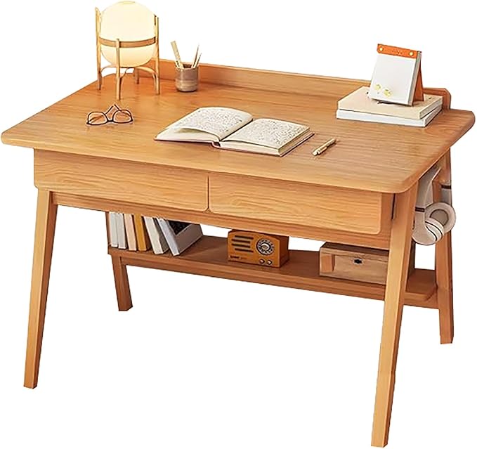 Scandinavian Solid Wood Desk,Small Home Office Desk with Drawers and Shelves,Writing Desk Workstation,Contemporary Computer Desk Study Desk Table