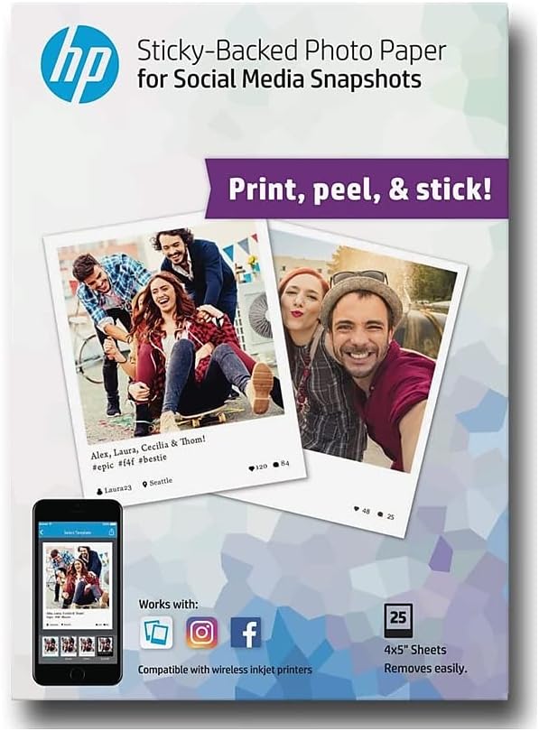 HP Photo Paper, Sticky Back Social Media Snapshots, (4x5 inch), 25 Sheets, Model:1BG59A
