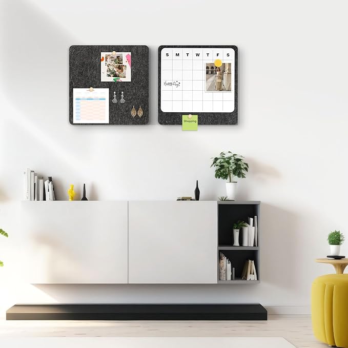 DOLLAR BOSS Felt Bulletin Board & Dry Erase Whiteboard Calendar Combo 2 Pcs 12" X 12" Magnetic White Board Cork Board for Wall Frameless Combination Board with Pins Wall Decor for Home School Office