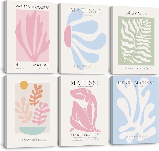 Henri Matisse Wall Art Prints Pink Blue Canvas Wall Decor Aesthetic Pictures Wall Art Danish Pastel Painting Henri Matisse Poster Trendy Artwork for Bedroom 12x16 Inch Wrapped Canvas Set of 6