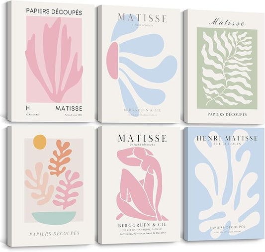 Henri Matisse Wall Art Prints Pink Blue Canvas Wall Decor Aesthetic Pictures Wall Art Danish Pastel Painting Henri Matisse Poster Trendy Artwork for Bedroom 12x16 Inch Wrapped Canvas Set of 6