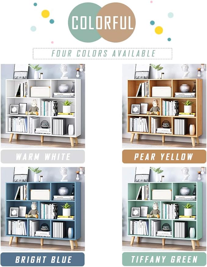 IOTXY Wooden Open Shelf Bookcase - 3-Tier Floor Standing Display Cabinet Rack with Legs, 8 Cubes Bookshelf, Tiffany-Green | Display Cabinet, Rack, with Legs, Bookshelf
