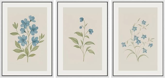 SIGNWIN Framed Canvas Print Wall Art Set Blue Floral Botanical Vintage Wildflower Illustrations Modern Art Decorative Nordic Abstract for Living Room, Bedroom, Office - 16"x24"x3 White