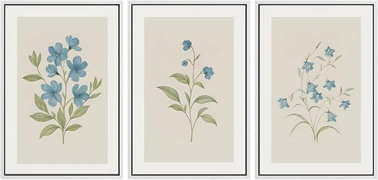 SIGNWIN Framed Canvas Print Wall Art Set Blue Floral Botanical Vintage Wildflower Illustrations Modern Art Decorative Nordic Abstract for Living Room, Bedroom, Office - 16"x24"x3 White