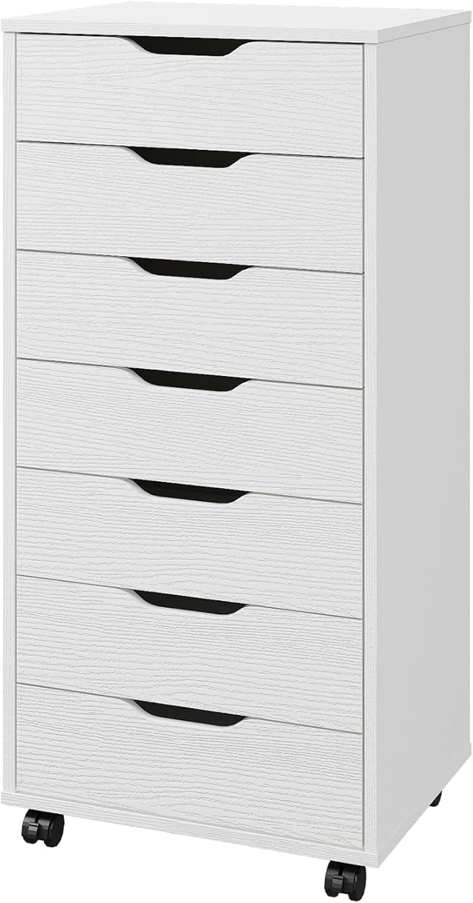 Panana 7 Drawer Mobile File Cabinet, Wooden Under Desk Storage with Wheels Office Organization Vertical Filing Chest of Drawers for Home Office (White)