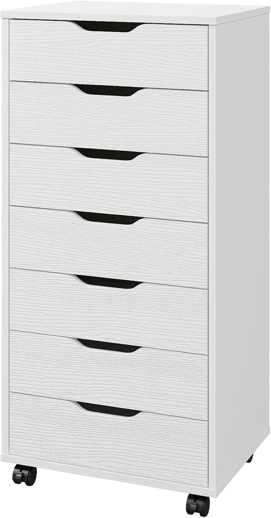 Panana 7 Drawer Mobile File Cabinet, Wooden Under Desk Storage with Wheels Office Organization Vertical Filing Chest of Drawers for Home Office (White)