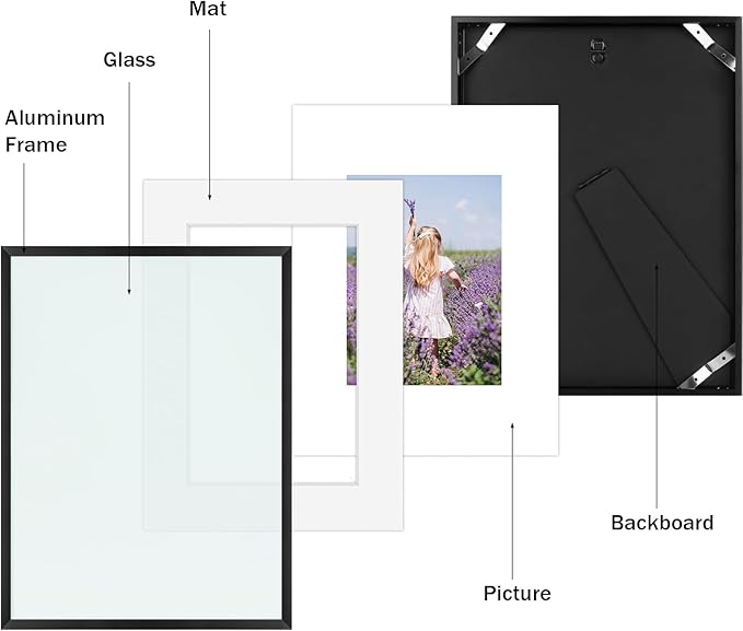 Golden State Art, Gallery Wall Frame Set of 6 - Black 9x12 Aluminum Photo Frames with Mat for 6x8 Pictures - 9 x 12 inch Metal Frame with Real Glass Cover - Elegant Home or Office Decor