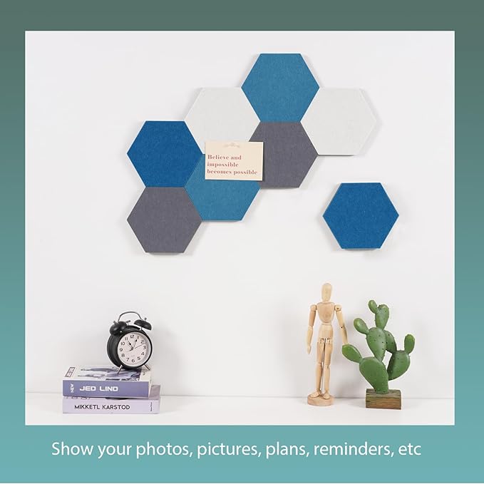 Felt Bulletin Board Tiles, 8 Pcs Hexagon Wall Tiles with Removable Adhesive, 7.9×6.9 Inch Cork Pin Board for Classroom, Home, Office (Set D, Middle)