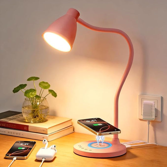 BOHON Cute Pink Aluminum Desk Lamp with USB C+A Charging Ports, Wireless Charger, 5 Colors Stepless Dimming, Touch Control, Memory Function, LED Light for Home Office College Dorm Room