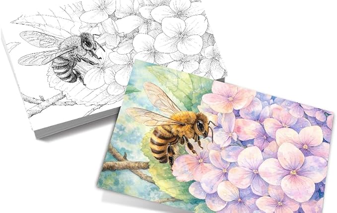 Artwink Watercolor Coloring Cards – 15 Sheets (5x7 Inches), Great for Coloring Book Lovers & Watercolor Painting Practicee (Cat/Dog/Bird/Landscape Illustrations) (Flower with Insect)