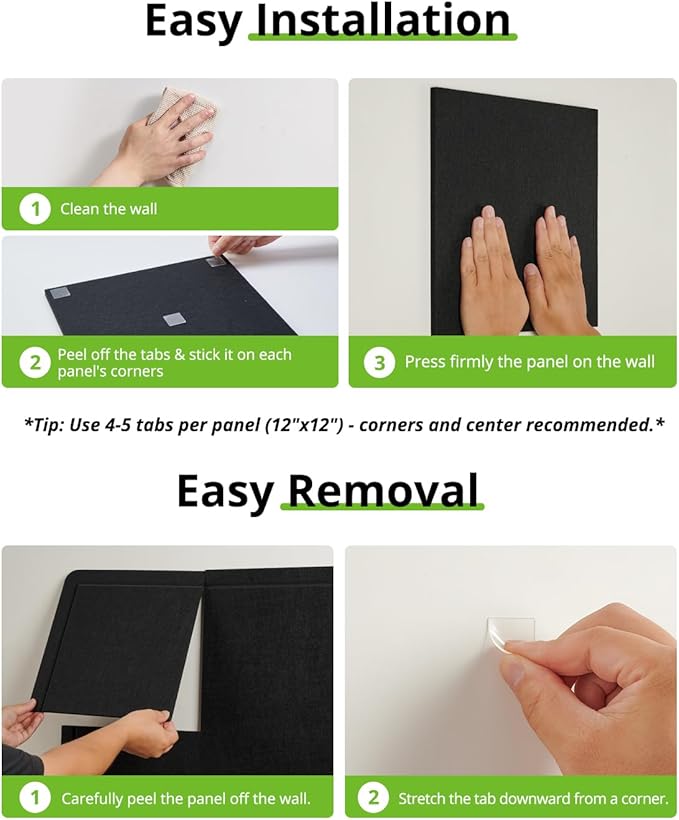 Bulletin Board, 36 x 24 inches Cork Board Alternative, 6 Pack 12"X12"X0.4" Felt Pin Boards for Walls Home Office Decor, Classroom with 30 Adhesive Tabs Black