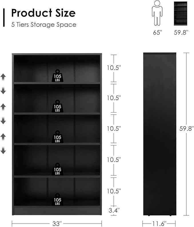 Farini Black 5 Shelf Modern Wood Bookshelf - 60 Inch Tall, Wide Manga & Bookcase for Bedroom & Living Room Library Bookcase