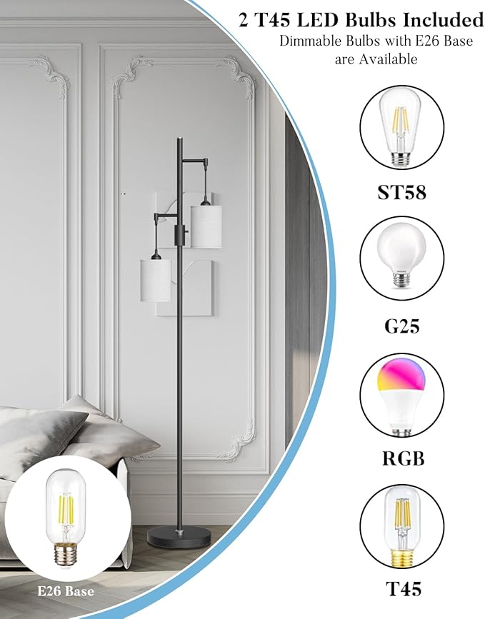 Lightdot 65IN Black Floor Lamp for Living Room, Industrial 2-Light Tree Floor Lamps with Linen Shade, Mid Century Modern Standing Tall Lamp for Bedroom/Sofa Beside/Corner Decor-Black(Bulb Included)