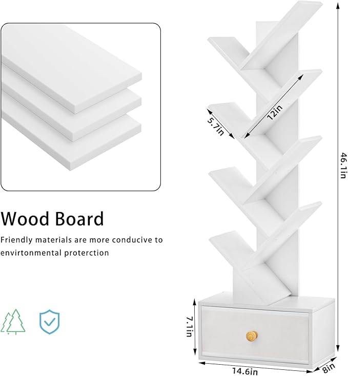 8 Tier Tree Bookshelf with Drawer, Free Standing Wood Bookcase for Living Room, Bedroom, Home Office, Space Saving Storage Organizer Bookshelves for Books, CDs, Vinyl Records- White