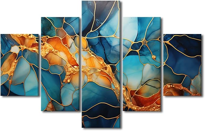 Canvas Wall Art Decor Abstract Canvas Wall Art Modern 5 Panel Colorful Glass Window Poster Golden Lines Painting Art Prints for Living Room Decoration Stretched and Framed Ready to Hang 60x40 in