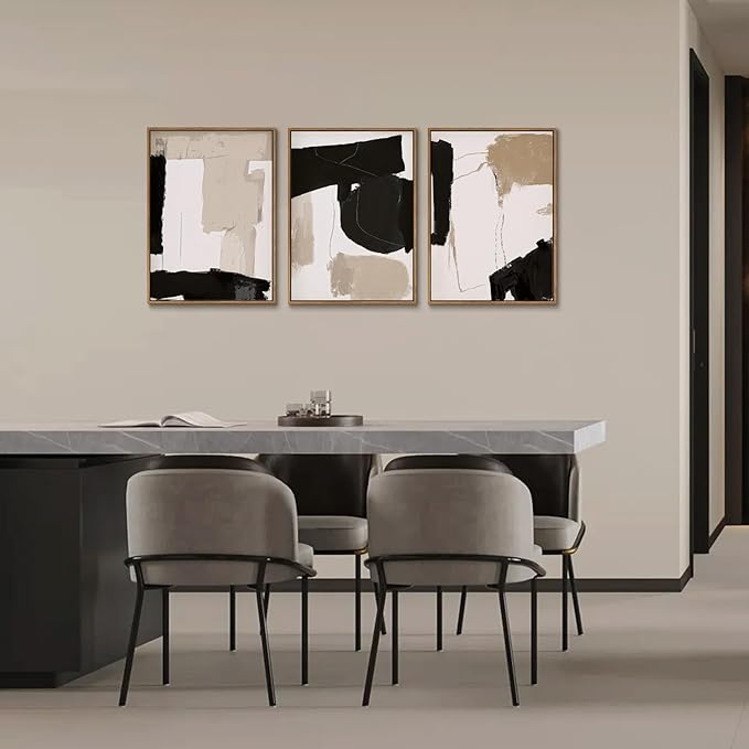 myusuar 3 Piece Large Modern Abstract Canvas Framed Wall Art For Living Room, Black And Beige Blocks Minimalist Wall Art Decor Posters Prints For Bedroom Office, 12x16in