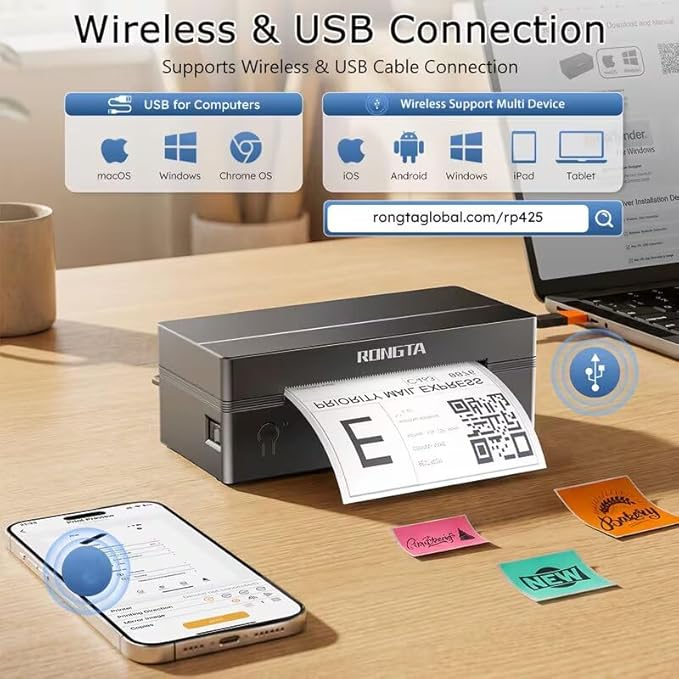 Portable Wireless Thermal Printer – Bluetooth & USB Label Maker Compatible with Android, iPhone & Windows, Monochrome Receipt & Label Printer for Home Office & Small Business