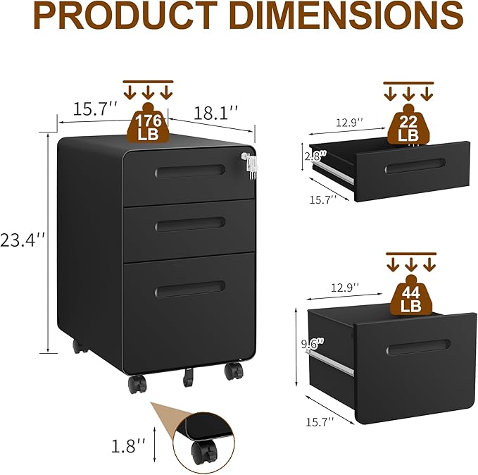 3 Drawers File Cabinet, Mobile Filing Cabinet with Lock, with 25 File Folders, Steel, Fully Assembled Except Casters, for Home Office, Black